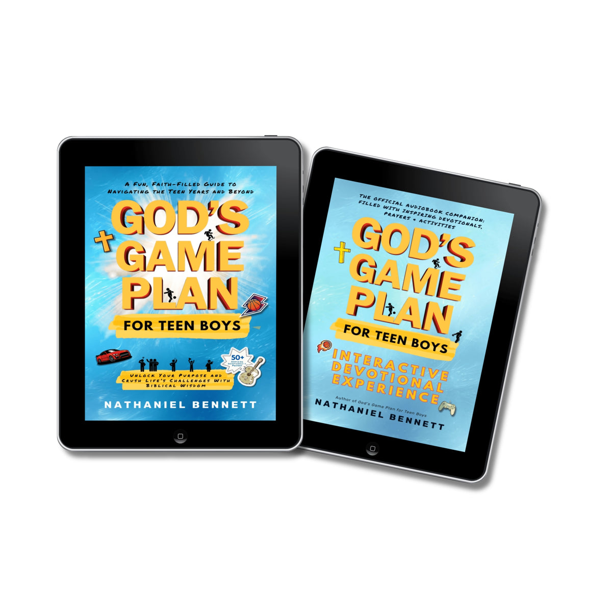 Two black tablets displaying God's Game Plan for Teen Boys and Interactive Devotional Experience by Nathaniel Bennett.